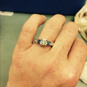 3 Stone diamond and blue sapphire engagement ring